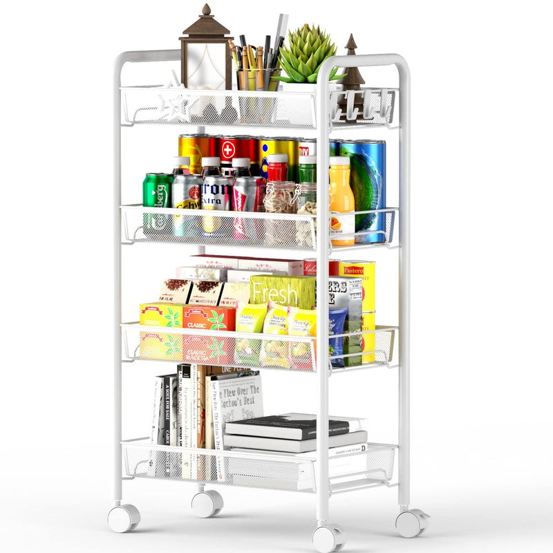 OVICAR 4 Tier Mesh Wire Rolling Cart, Kitchen Storage Organizer Utility Cart, Full Metal Basket Storage Art Trolley Carts with Wheels & 4 Side Hooks - Image 1